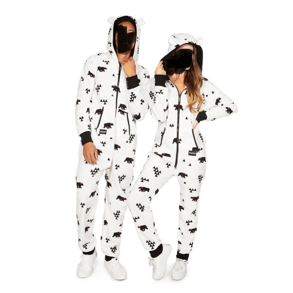 Tipsy Elves Mens Beary Christmas Jumpsuit‎ Cream Fleece Hooded Onesie Large